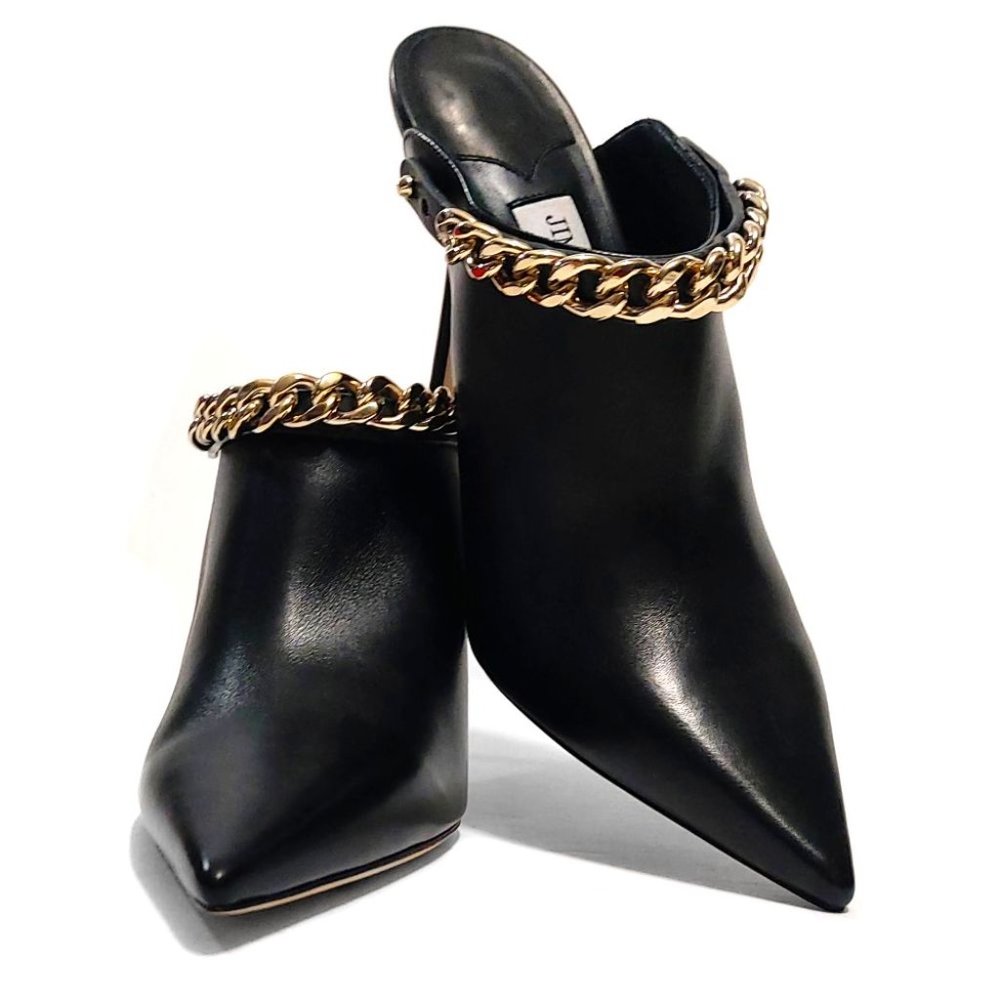 Jimmy Choo Lexx 100 Black Leather Gold Color Chain EU 37 US 7 Mules - Picture 3 of 12